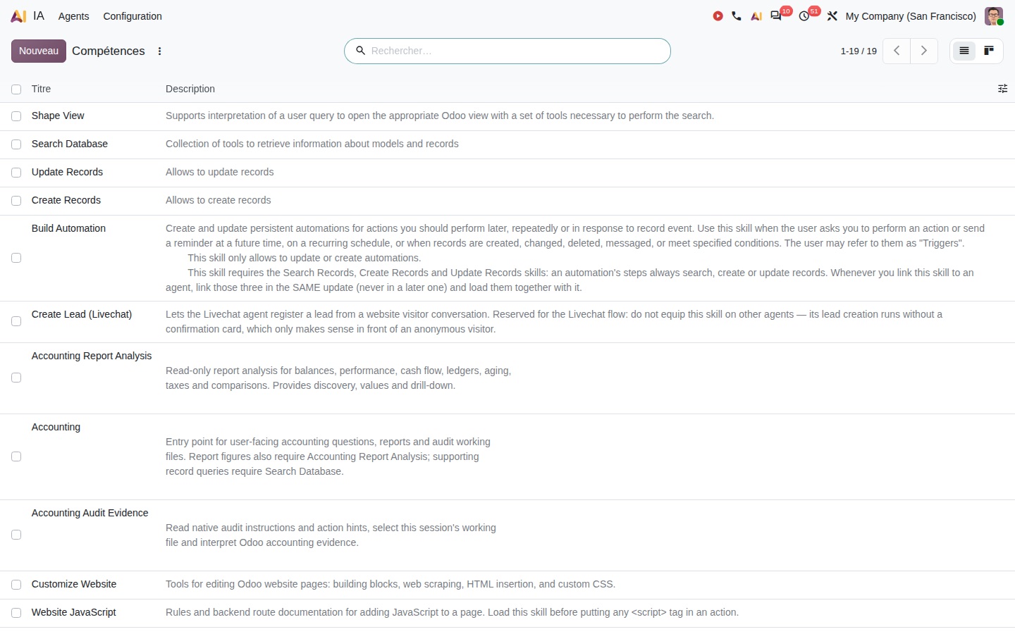 Les compétences IA disponibles dans Odoo 20