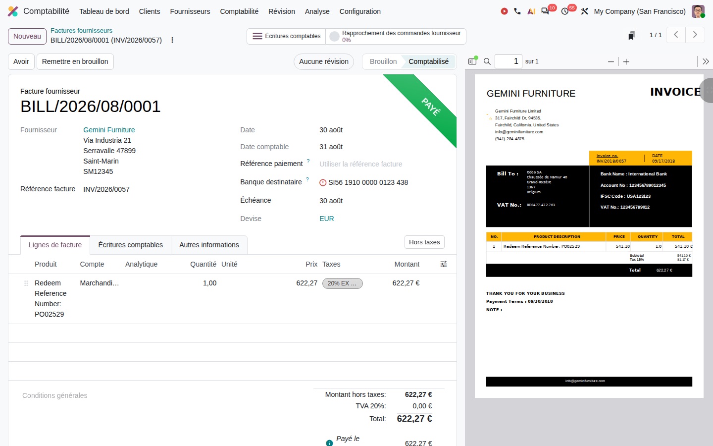 Facture fournisseur dans Odoo 20, avec le rapprochement des commandes