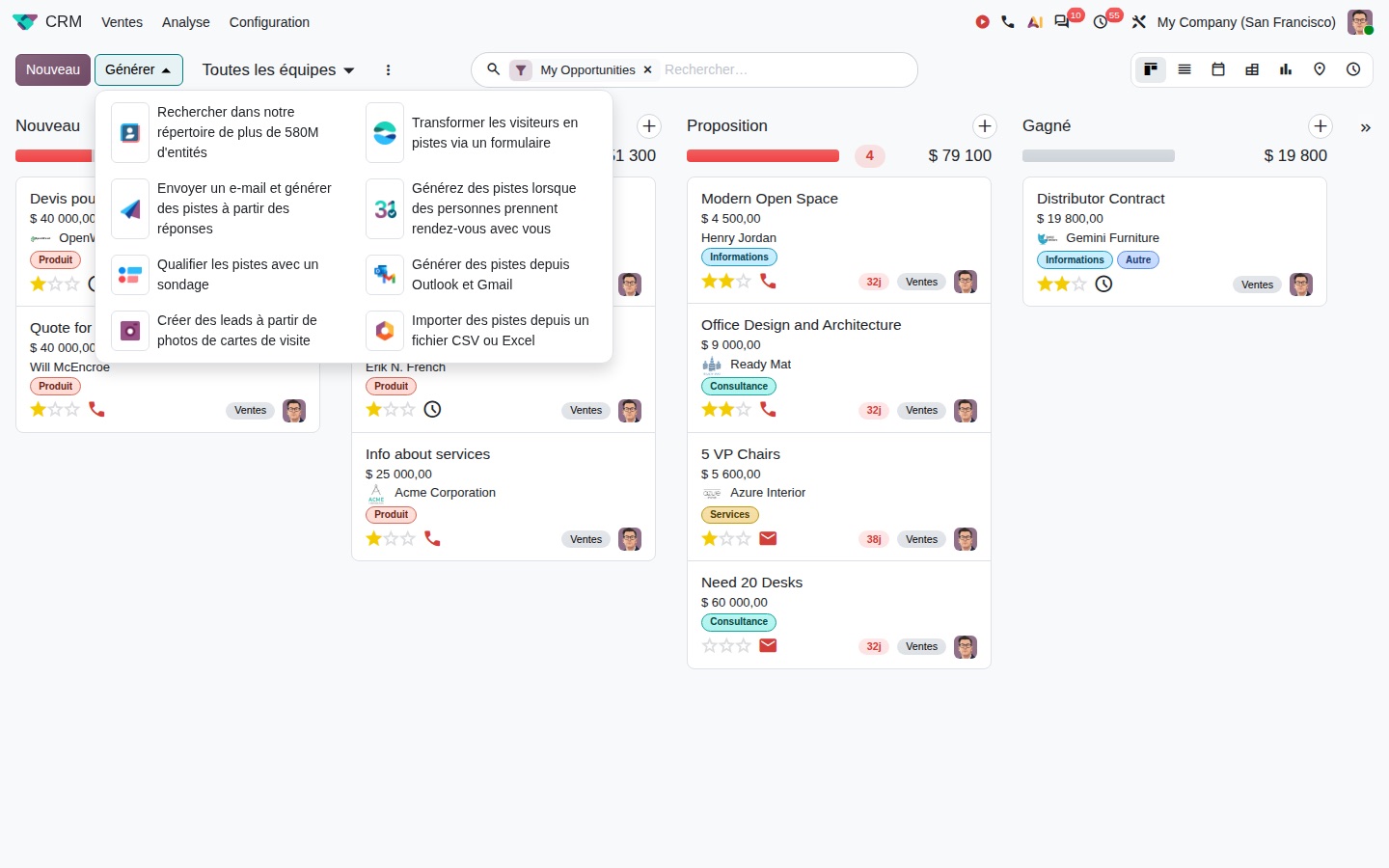 Le bouton Générer du CRM Odoo 20