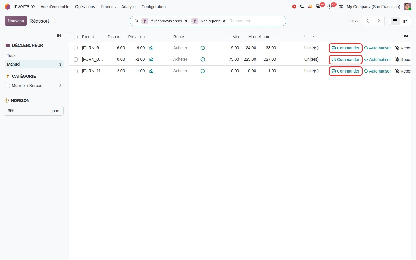 Réassort Odoo 20 : un seul bouton Commander