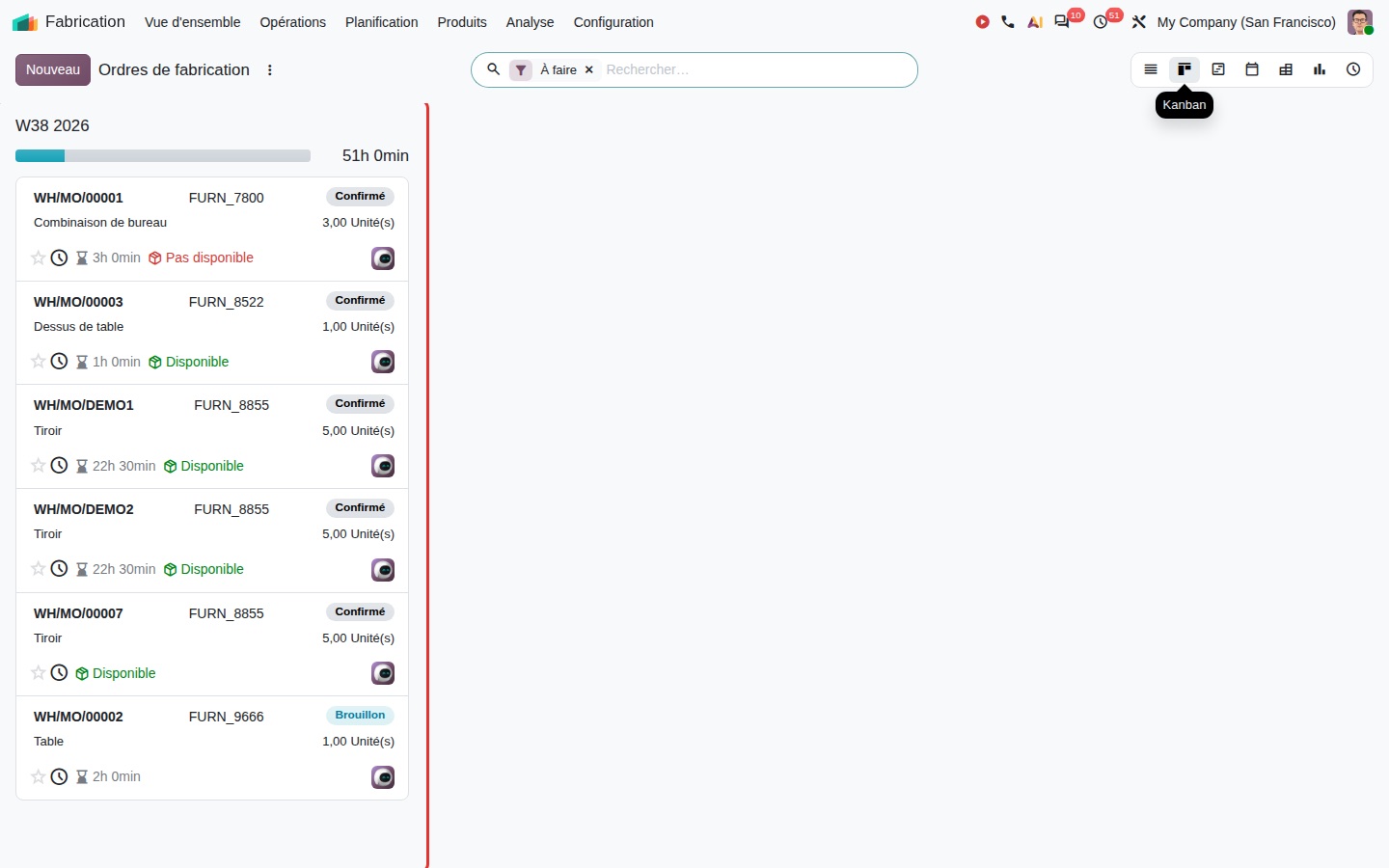 Ordres de fabrication regroupés par semaine dans Odoo 20