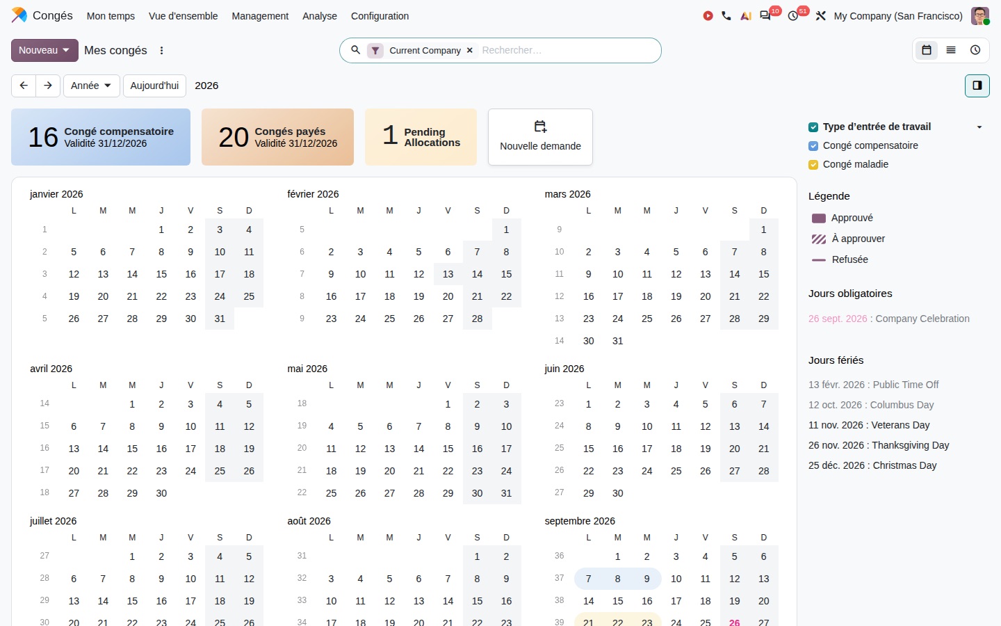 Congés Odoo 20 : les types de congé deviennent des types d'entrée de travail